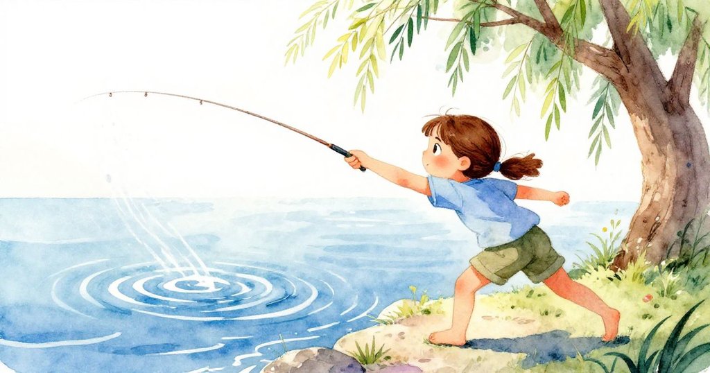 紫妮婭動作迅捷地彈出餌料，弧線優美，浮標微顫，柳樹下陰影交織出強烈動感