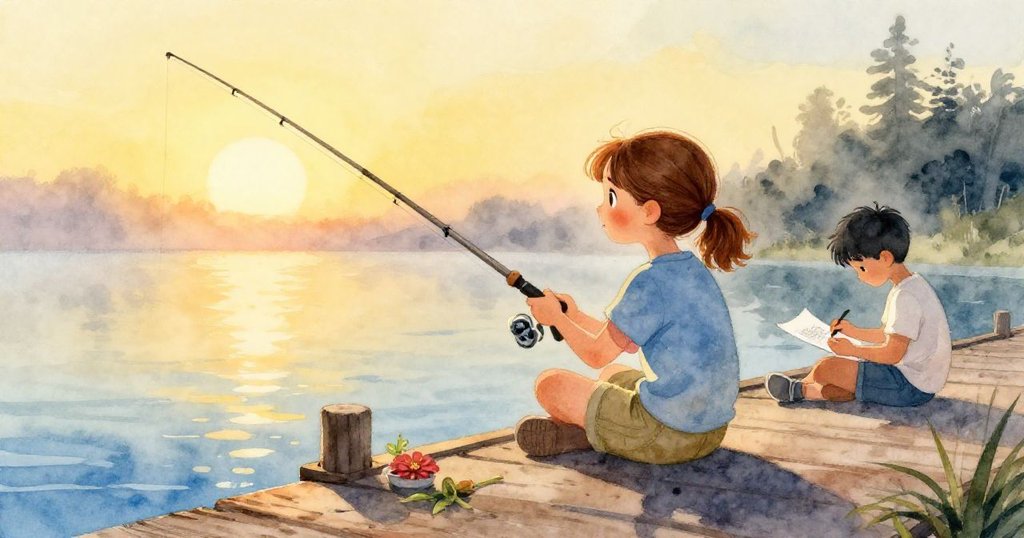 在寧靜碼頭上夕陽中，紫妮婭專注釣魚，米勒靜默畫畫，暖光與薄霧共同繪出平和落幕的美景