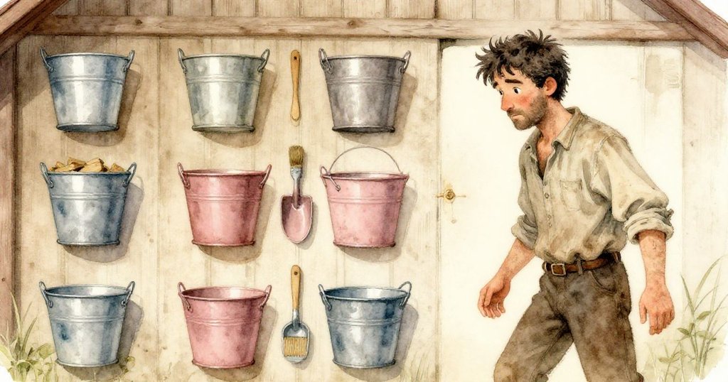 Ronan站在老舊穀倉前,牆上依序掛著桶、刷、斗,錫製麋鹿在桶上搖曳,夕陽柔光映照,農場故事開始。