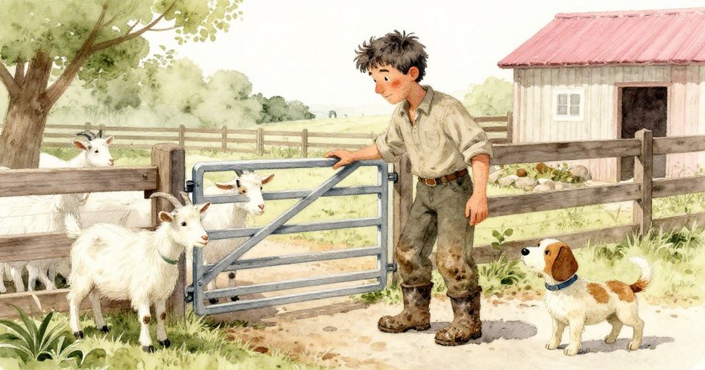 Ronan在羊圈旁調整門欄,泥濘靴痕明顯,羊與狗在旁觀望,戶外農場充滿生機展現發展。