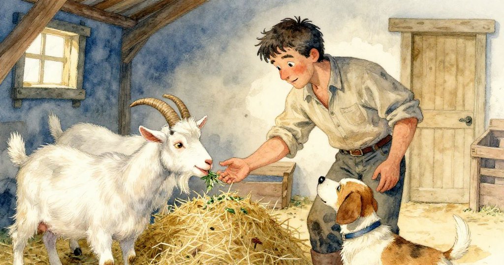 Ronan在棲舍內餵食動物,柔和燈光映照下,狗輕碰手指,場面溫馨展現農家日常。