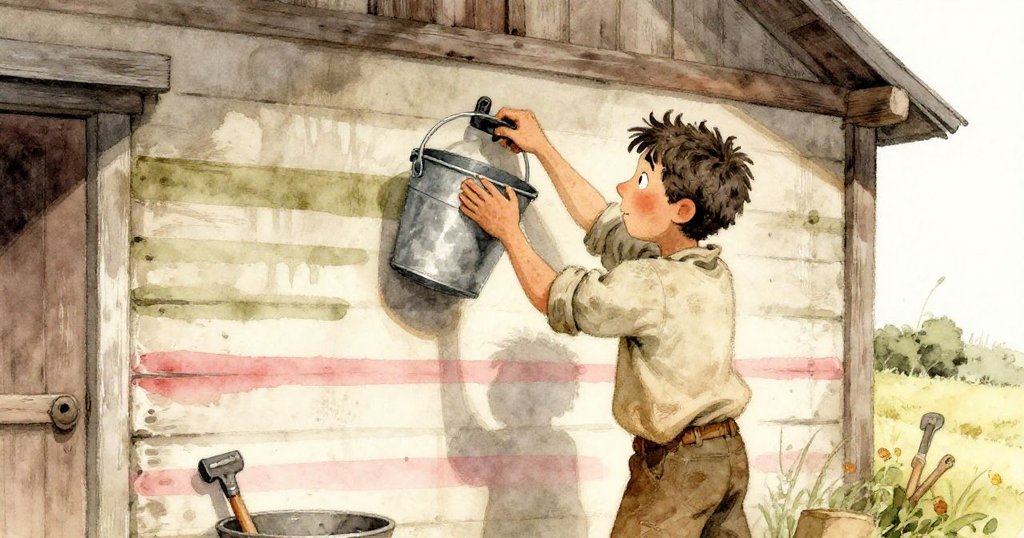 Ronan回到穀倉,仔細將桶掛回空缺位置,牆上排列整齊工具展現農場細節與溫情。