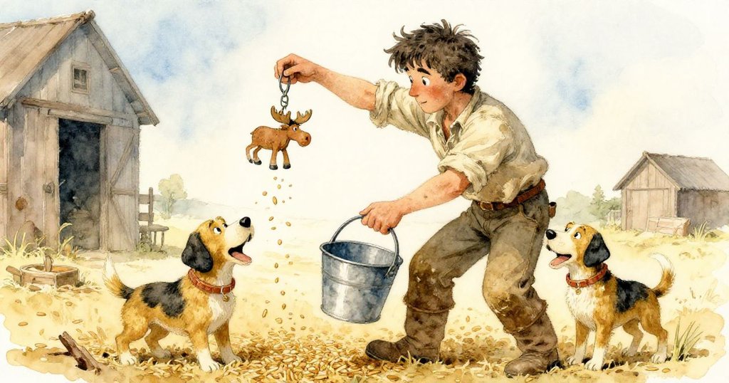 Ronan在穀倉掛好桶時,錫製麋鹿輕響散穀,狗快樂接住穀粒,他溫柔撫摸狗頸,笑容滿面展現故事延續。