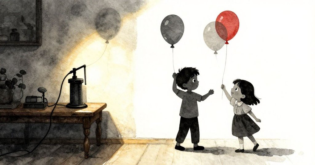 Vernon與Yara在溫暖明亮的家中操作泵充氣球,背景桌上氣球整裝待發,充滿期待與忙碌精神。