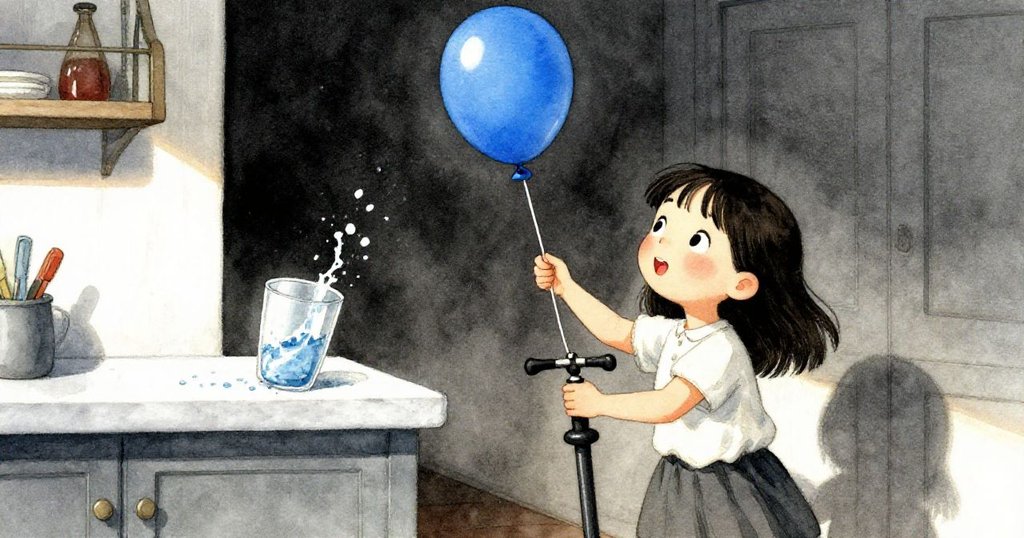 Yara專心使用泵充藍氣球,背景玻璃杯傾瀉水花飛濺,居家環境中演繹意外與忙碌場面。