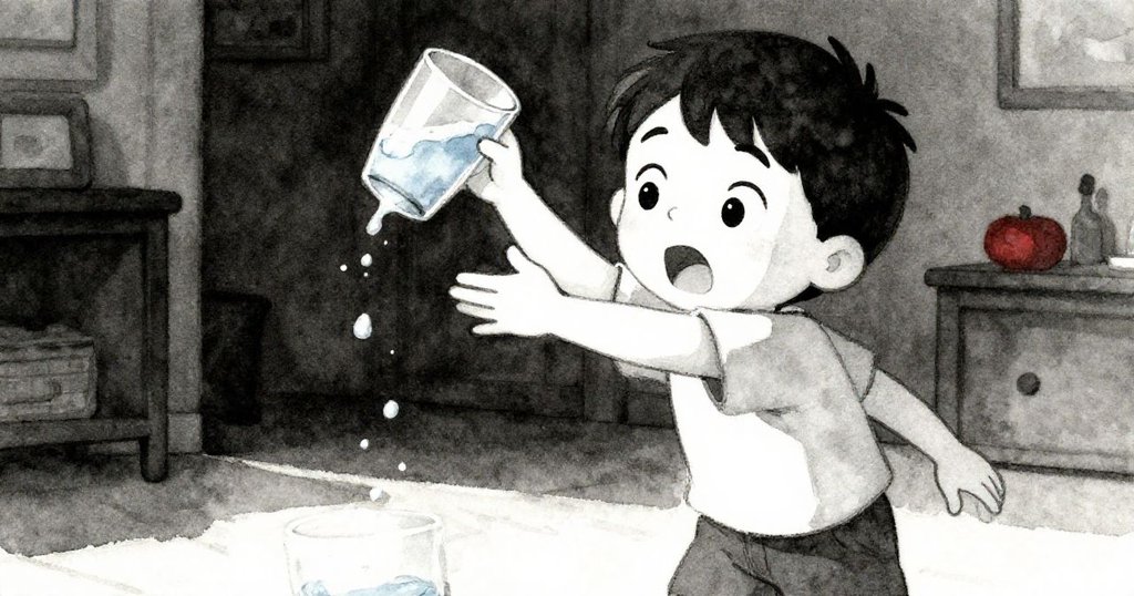 Vernon緊張伸手接穩傾覆玻璃杯,臉上焦慮與決心兼現,水珠四濺定格瞬間緊急動作。