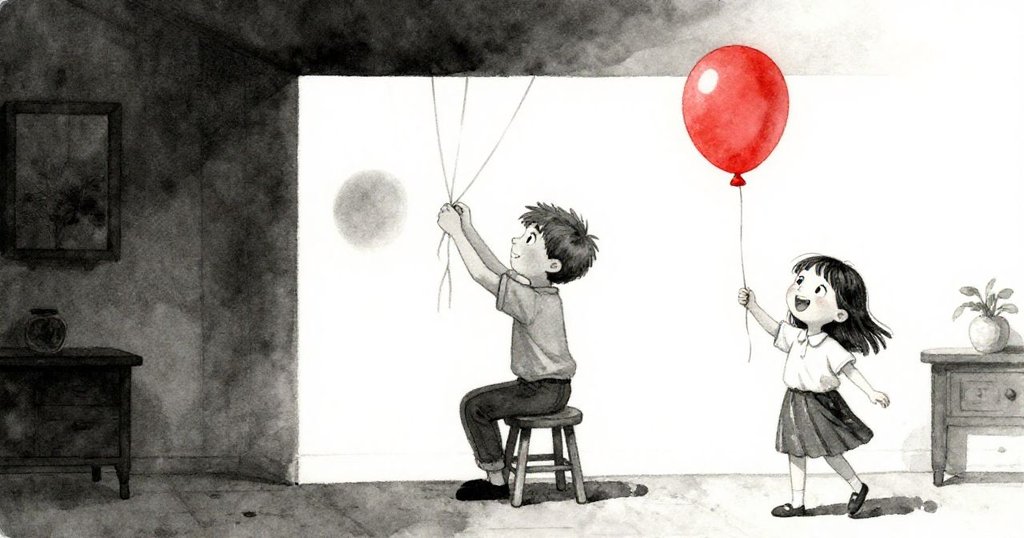 Vernon攀爬矮凳固定氣球帶至天花板角落,Yara捧著鮮紅氣球獻上心意,居家場景中滿懷解決後的喜悅。