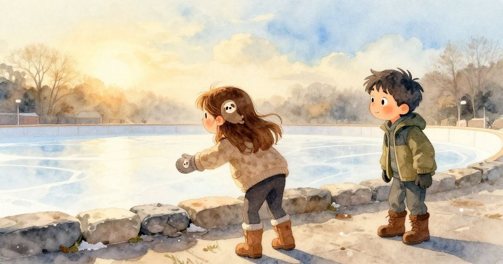 清晨的冰面上,Willa伸手觸摸石邊,Owen在粗糙人行道上等待,兩人面帶堅定與期待,環境寧靜。