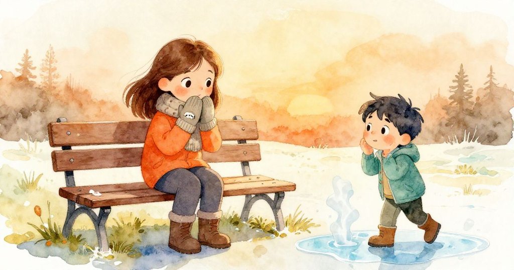 回憶色調中,Willa坐在陽光長椅上快速暖手,Owen在旁關注臉上浮現淡淡懷舊。