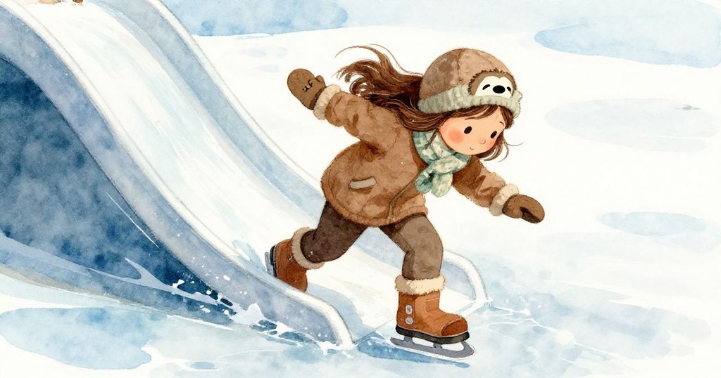 動態瞬間,Willa滑冰腳步急停於濕滑冰面上,表情專注與緊張,細節豐富展現衝刺。