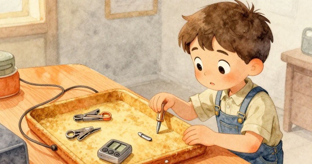 奧斯卡在溫暖工作室中仔細檢查散落在毛氈托盤上的線繩和零件，展現好奇與探索的神情。