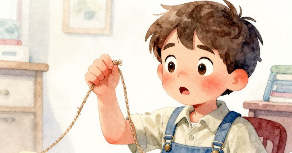 奧斯卡近距離表情特寫，手握線繩，臉上流露驚訝與專注，背景透出溫暖室內的忙碌氣息。