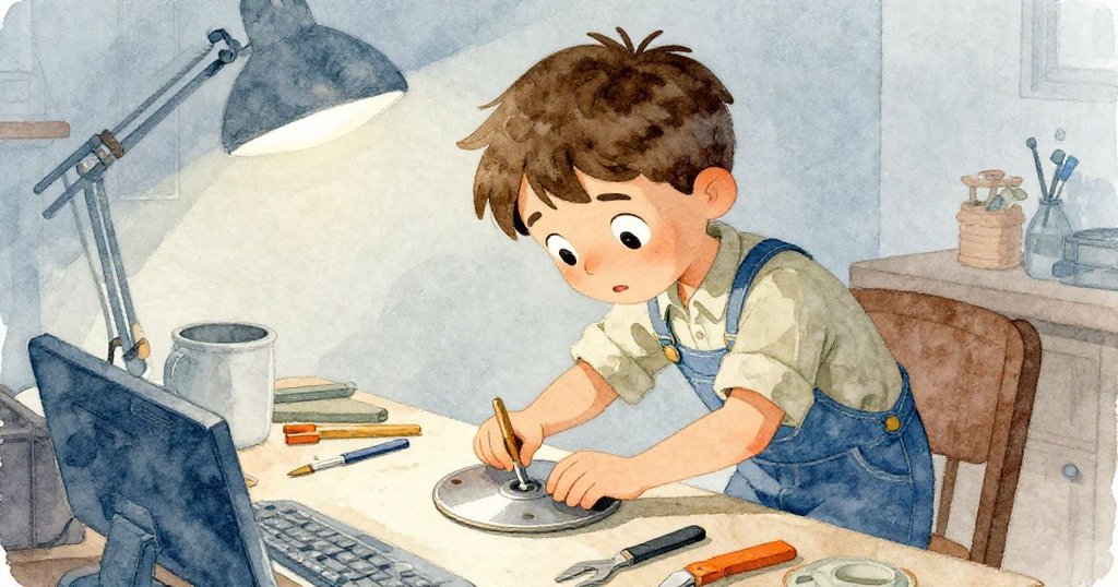 奧斯卡在工作台前彎腰調整備用盤片，手握工具專注扣緊重型夾子，畫面以傾斜角度傳達動感與專注。