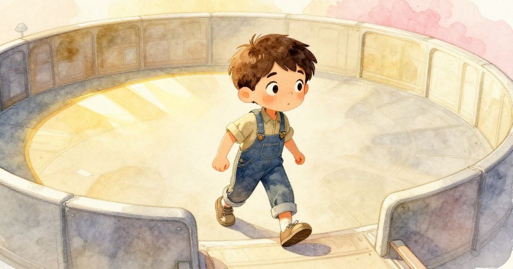 奧斯卡走出室內工作室，站在戶外競技場邊緣，注視陽光下刻痕分明的塑膠表面，臉上帶著期待與專注。