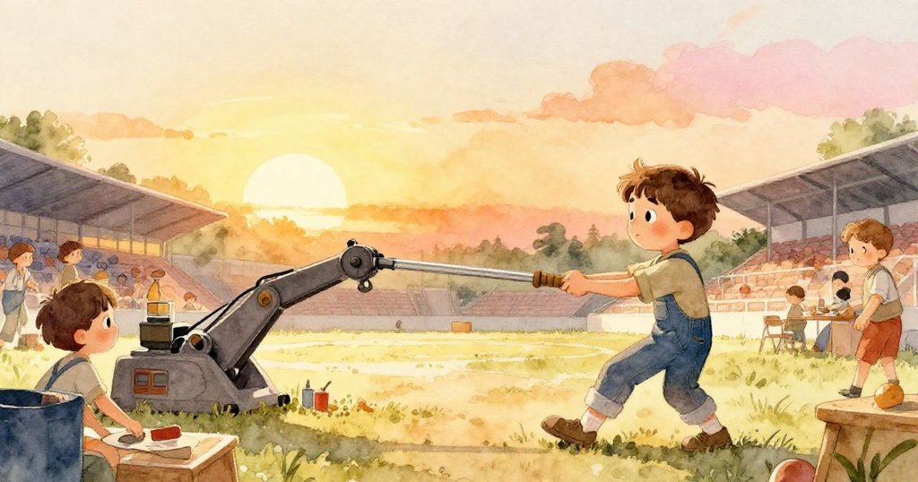 夕陽餘暉中，奧斯卡穩健一拉完成操作，臉上洋溢滿足笑容，整個場景被金色光芒溫暖包圍，象徵圓滿結局。