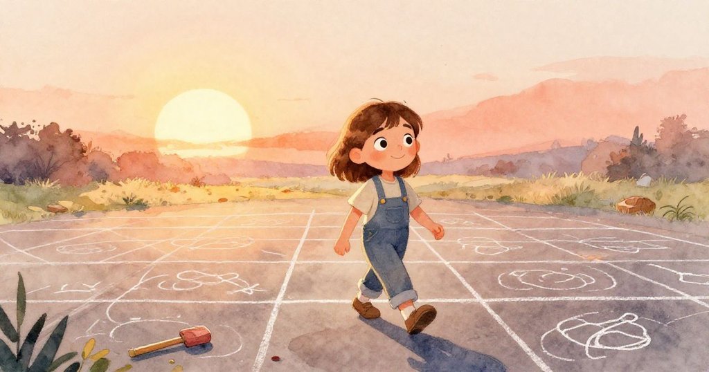 格里爾在晨光中走近塗滿粉筆痕跡的格子牆,手持工具,臉上流露期待與溫暖,背景呈現柔和金光。