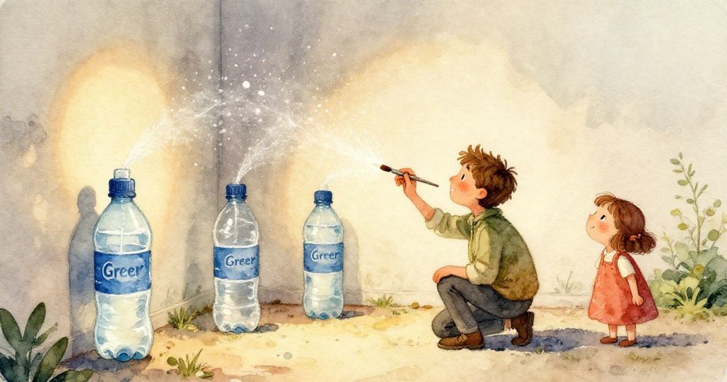 格里爾專注凝視著粉筆格子,眼中映出堅定與細膩,手中輕握刷子與噴霧瓶,細節豐富背景若隱若現。