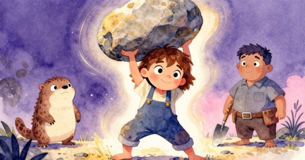 格里爾奮力抬起沉重石塊,贊德手持鏟子暫停動作,兩人動態中呈現堅毅神情,背景格子牆震動。