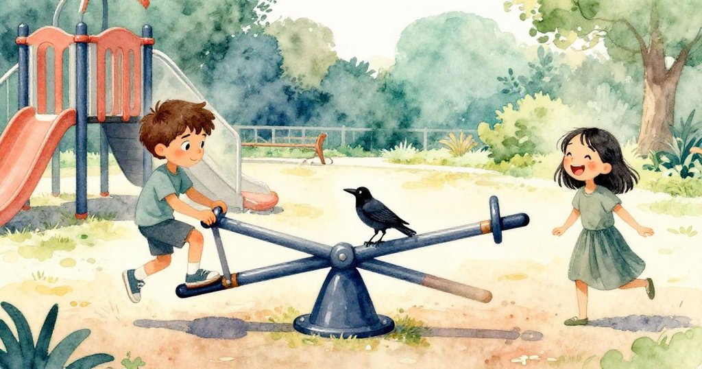Ronan小心走向鞓板中心，Olive興奮大笑，鴉靜靜棲息於中心，陽光下的遊樂場充滿活力。