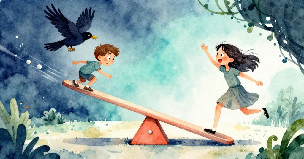 在扭曲的視角中，鞓板傾斜，Ronan與Olive動態互動，鴉驚飛而出，光影交錯突顯緊張氣氛。