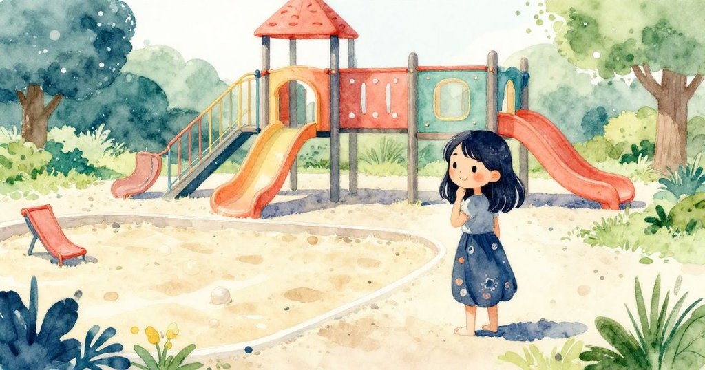 夏日戶外遊樂場中，Olive注視著旁邊飛動的瓦片，沙坑與綠地暖光交織，場景充滿愉悅與活力。