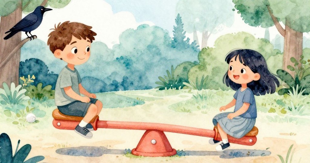 鞓板平穩後，Ronan與Olive面帶欣慰微笑，鴉遠處靜觀，和諧場景在戶外遊樂場中完美呈現。