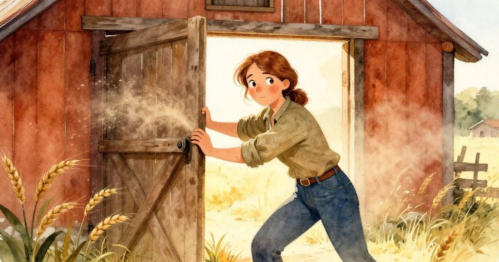 Janet推開老穀倉門，溫暖的陽光灑下，麥塵飛舞，展現決心和溫柔，在鄉村背景中充滿希望。