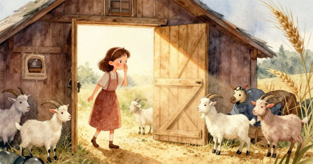 Janet的手緊握著滿是飼料的金屬桶，麥塵微附，細節生動，展現鄉村農事的溫馨情境。