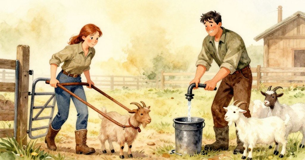 Janet努力推動生鏽的山羊門，Finn在旁邊打水，山羊好奇注視，展現夥伴默契與農村早晨的忙碌情景。
