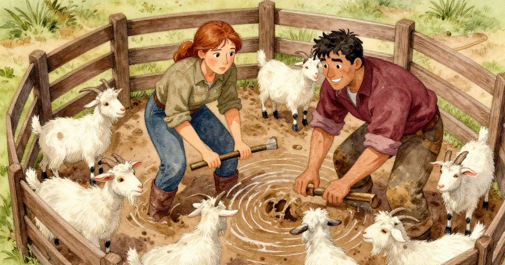 從高處俯視山羊圈，Janet與Finn專注工作，山羊悠然圍繞，泥水交織出自然抽象美感，展現農村早晨的豐收氛圍。