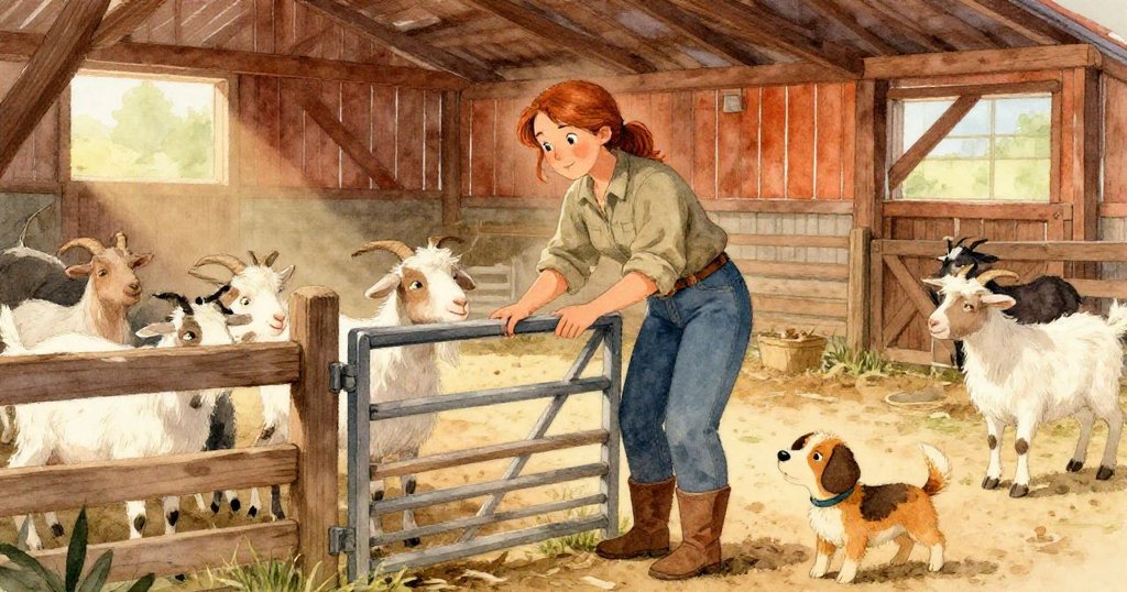 Janet微笑著關上山羊門，山羊簇擁在旁，農場狗輕巧奔跑，呈現忙碌後的安寧與滿足，鄉村晨光溫暖融洽。