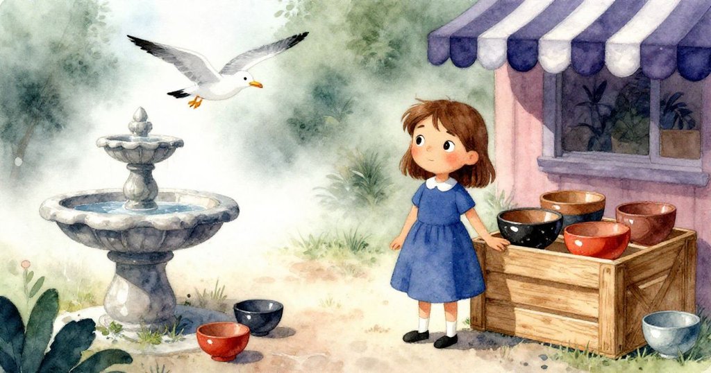 Josie在晨霧中於條紋遮陽篷前調整裝滿溫暖陶瓷碗的木箱，背景有柔和噴泉與海鷗飛過，她面帶期待。