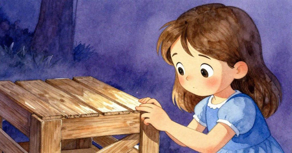 Josie注視木箱上的刮痕，手指輕觸溝痕，面上流露出好奇與輕微憂慮的神情，背景柔和晨光。