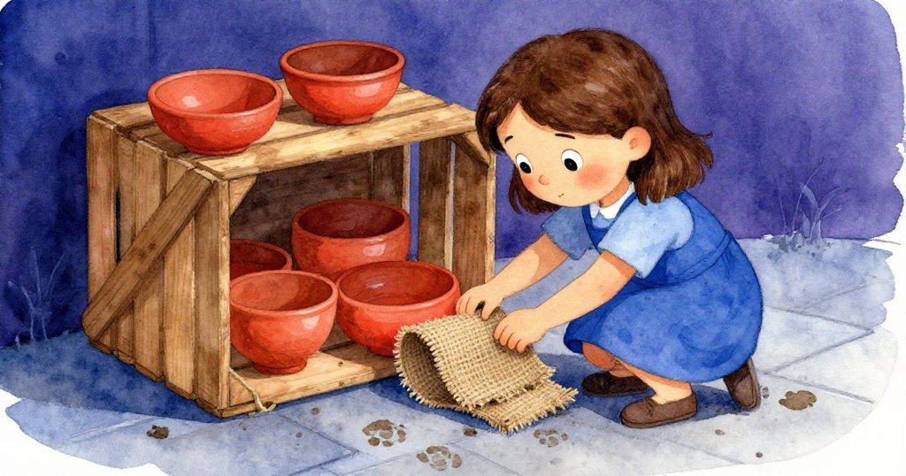 Josie忙著將摺好的麻布條嵌入木箱板下，調整陶瓷碗的排列，腳上泥跡在藍灰人行道上顯現，她神情專注。