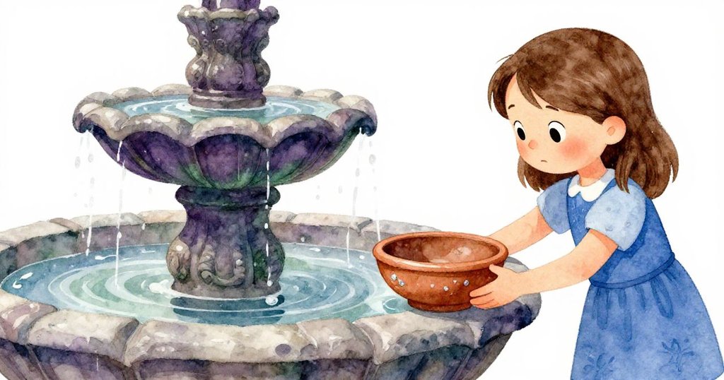 噴泉基座因麻布抬起而水珠濺落至陶瓷碗上，Josie用手指輕推噴泉及調整碗陣列，畫面分割呈現動態與專注。