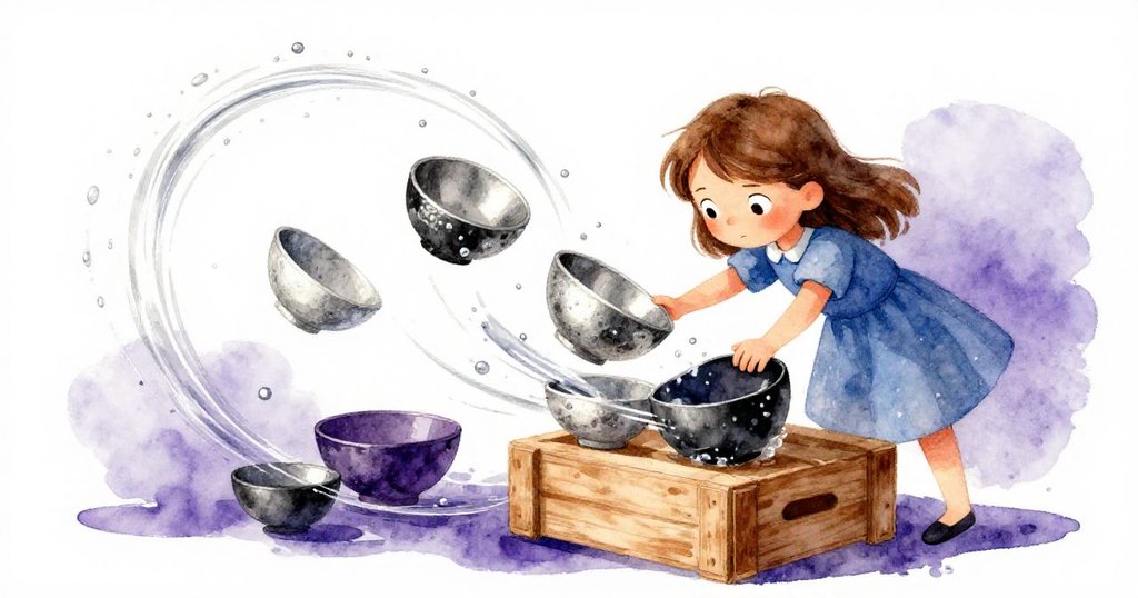 水滴與陶碗在木箱上隨風輕舞移動，Josie穩住陣列，動態水彩筆觸展現水與物件優美軌跡，情緒堅定。