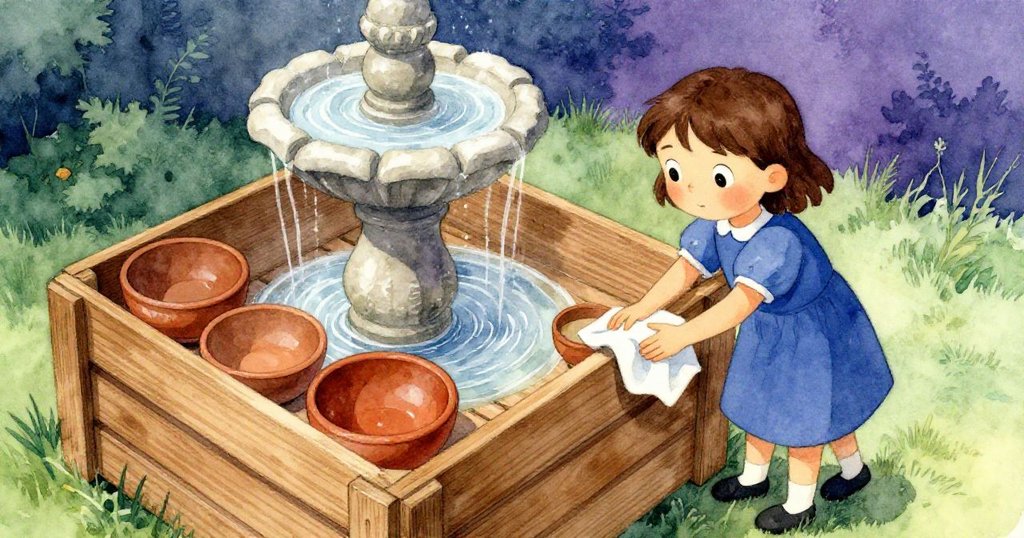 Josie用濕布穩固木箱與碗陣列，從高處俯瞰略傾展示場景，噴泉微噴水霧，整體畫面展現寧靜與成就感。