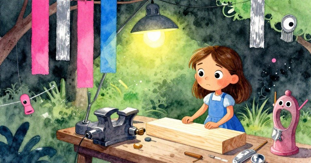 Rosa站在溫暖的露台工作區，面對鋼灰色虎鉗和粗糙砂紙，充滿期待與認真在開始工作。