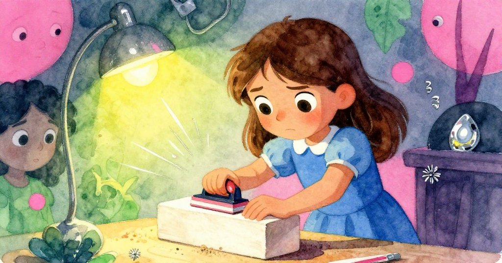 Rosa專注地操作砂紙塊在木板上動作，燈光下展現細膩肌理，情緒堅定與專注。