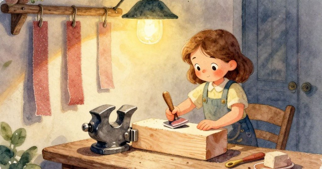 Rosa的手穩定地滑入金屬尺於傾斜木塊下，聚焦細膩木紋與工具反光，充滿決心與專注。