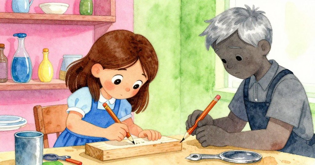 Grey專注修鉛筆，與Rosa認真調整木塊同框，工作區中透出合作默契與專業工藝。