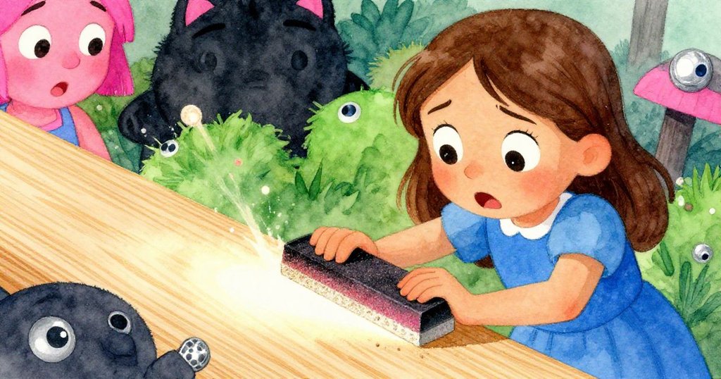 Rosa停下仔細檢視砂紙工作成果，臉上流露驚喜與釋然，木塊表面呈現柔和蠟燭光輝。