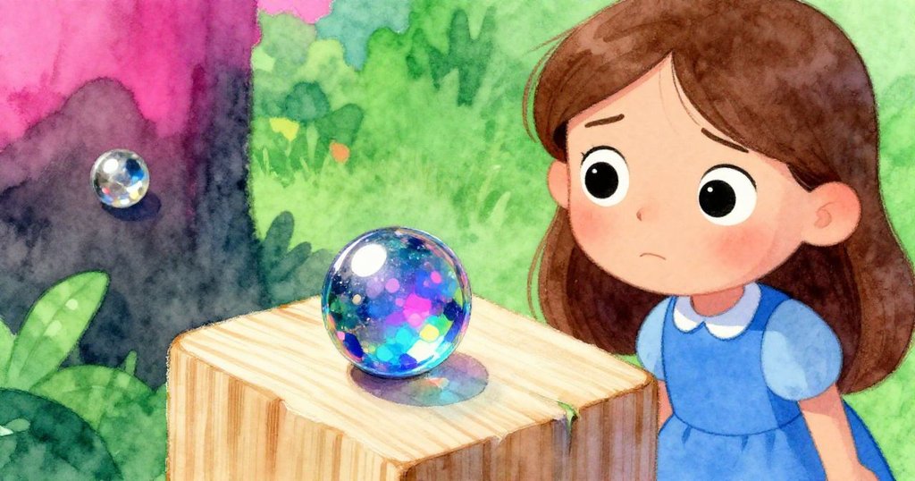 Rosa凝視著光芒閃爍的樹脂珠，背景中的木塊呈現平滑光澤，充滿驚喜與勝利的情緒。