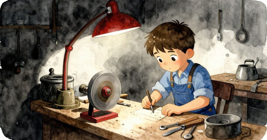 Kit在昏暗工坊中操作鞋革，鏡中反射出專注神情與散落工具，開始進行修補工作，環境充滿老舊工藝氣息。