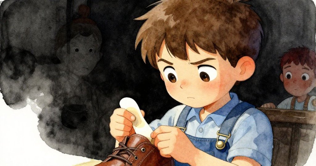 Kit特寫臉龐展露專注與疑惑，眉宇間流露堅定情感，雙手細緻處理鞋革與膠水，場景溫馨且專注。