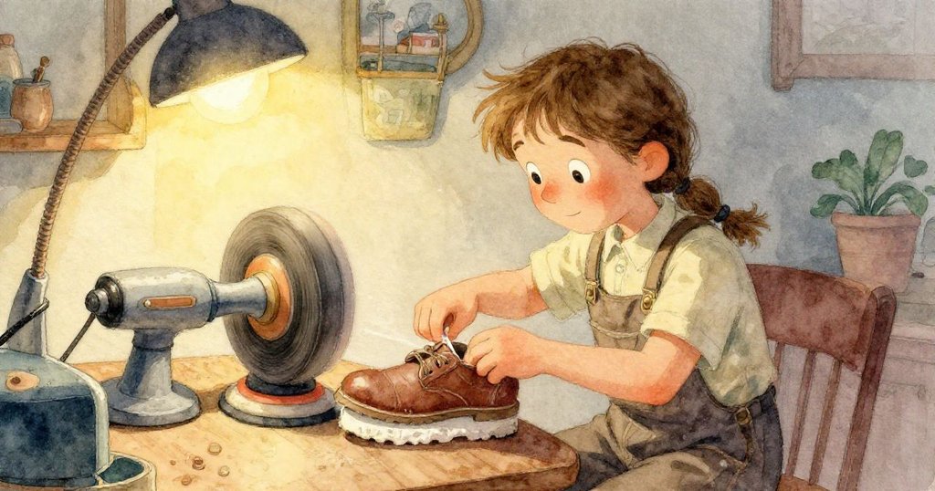 扭曲視角展現打磨輪快速旋轉與細微塵埃飛舞，動態效果中充滿神秘工坊氣氛和抽象美感。