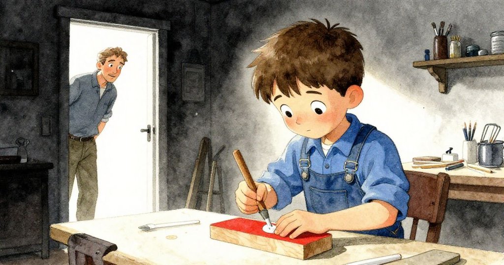 在新房間內，Kit細心操作膠水與工具，利用松木塊與漆罐修鞋，年長者靜立門邊注視，氣氛溫暖寧靜。