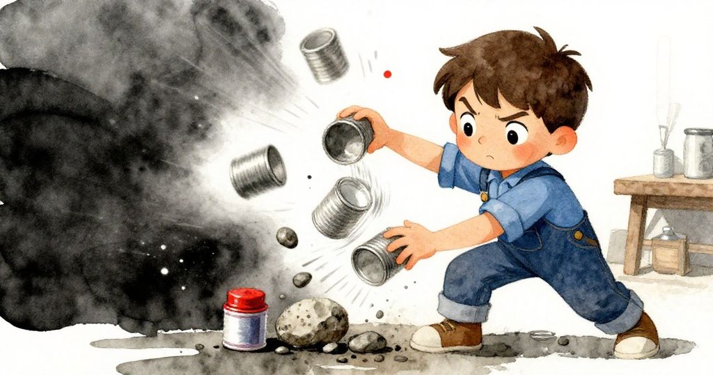 突如其來的小石子擊中打磨輪，物件紛飛，Kit迅速穩定工具，場景充滿緊張動感與果斷反應。