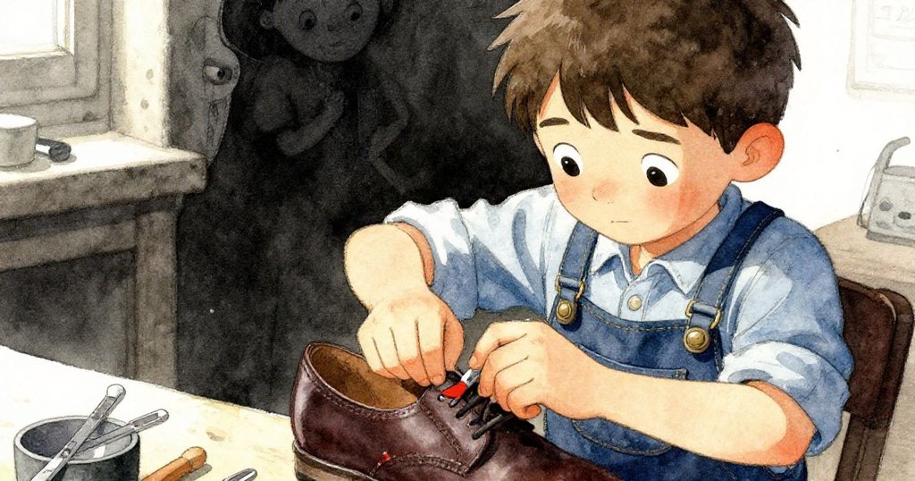 最終Kit完成鞋子修補，仔細按壓堆疊工具使鞋革平整，環境回歸寧靜，流露出滿滿的成就與靜謐喜悅。