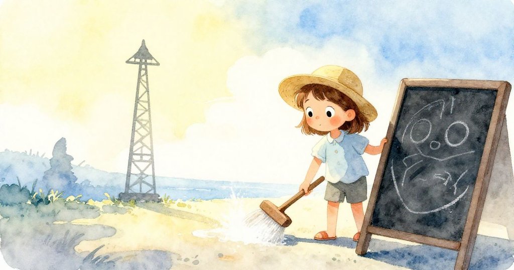 清晨陽光中,Hana在戶外用刷子掃去石板上粉筆灰,身影充滿期待,背景顯示閃亮的鐵製日晷與廣闊天空。